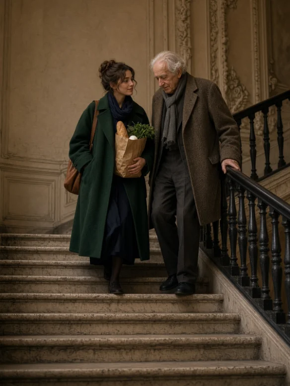 Une junior aide un monsieur âgé à descendre un escalier