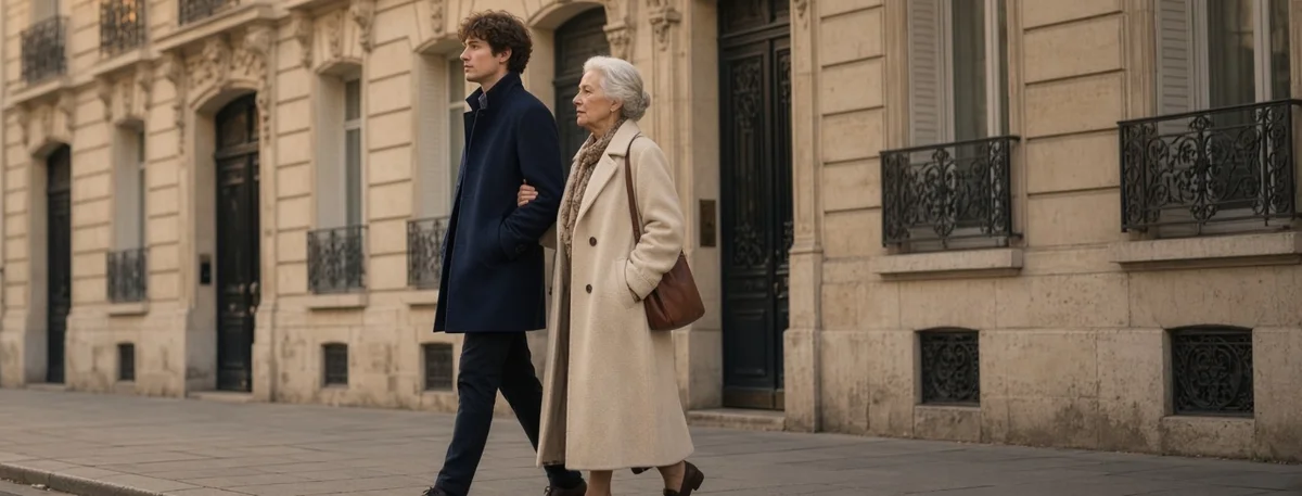 Un junior et une dame âgée en balade dans une rue de Paris