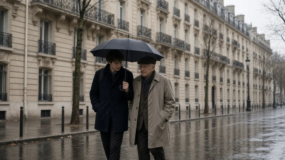 Un junior et un monsieur âgé se promènent sous un parapluie dans une rue de Paris