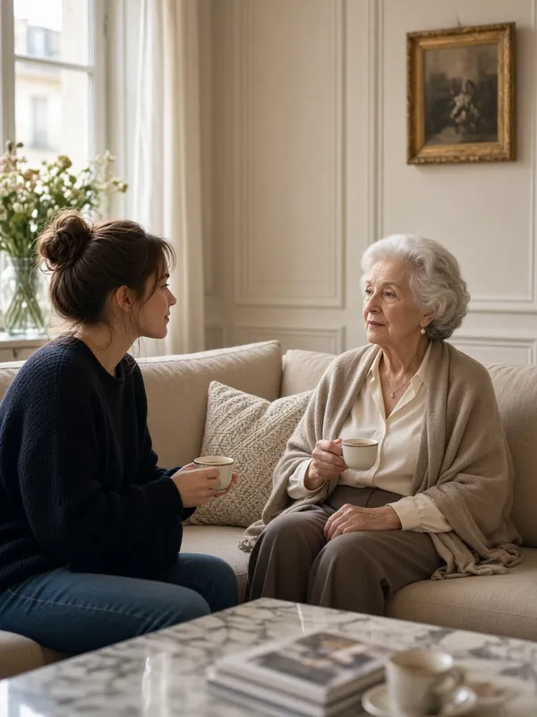 Une junior et une dame âgée discutent autour d'un café dans un salon parisien