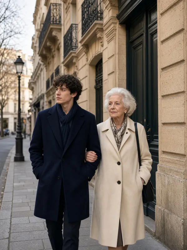 Un junior et une dame âgée se promènent bras dessus bras dessous dans une rue de Paris