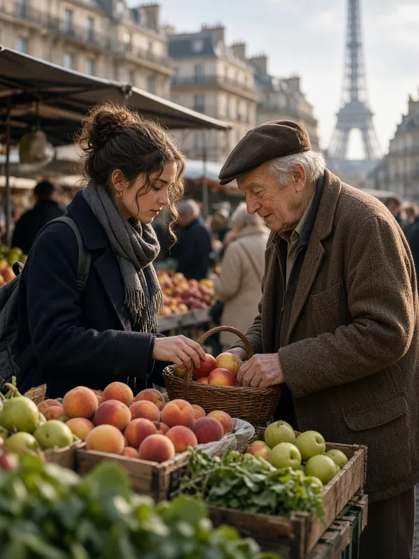 Une junior et un monsieur âgé choisissent des fruits sur un marché parisien