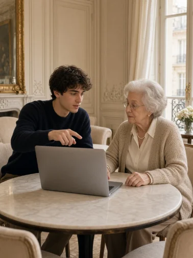 Un junior aide une dame âgée à utiliser un ordinateur portable