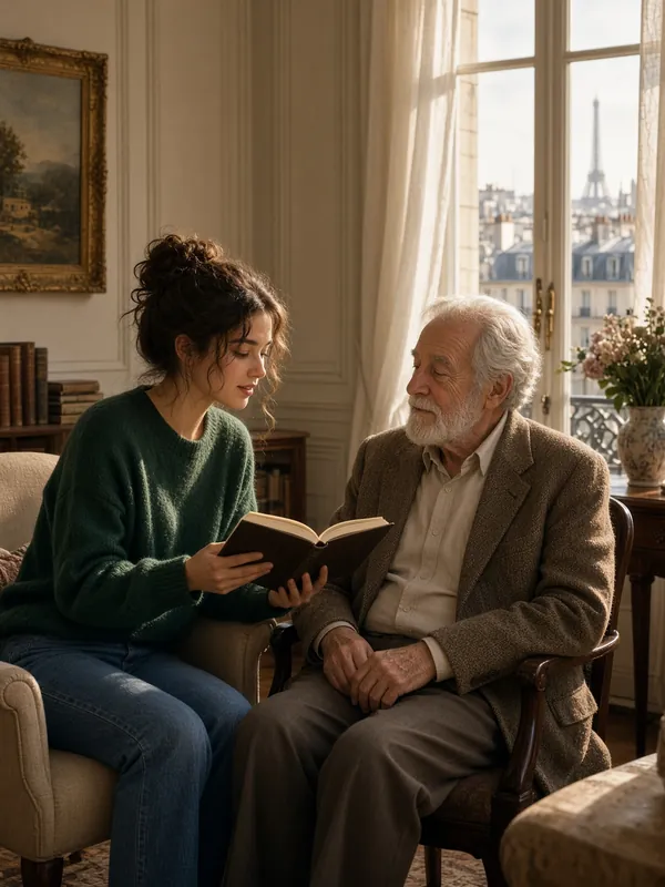 Une junior lit un livre avec un monsieur âgé dans son salon