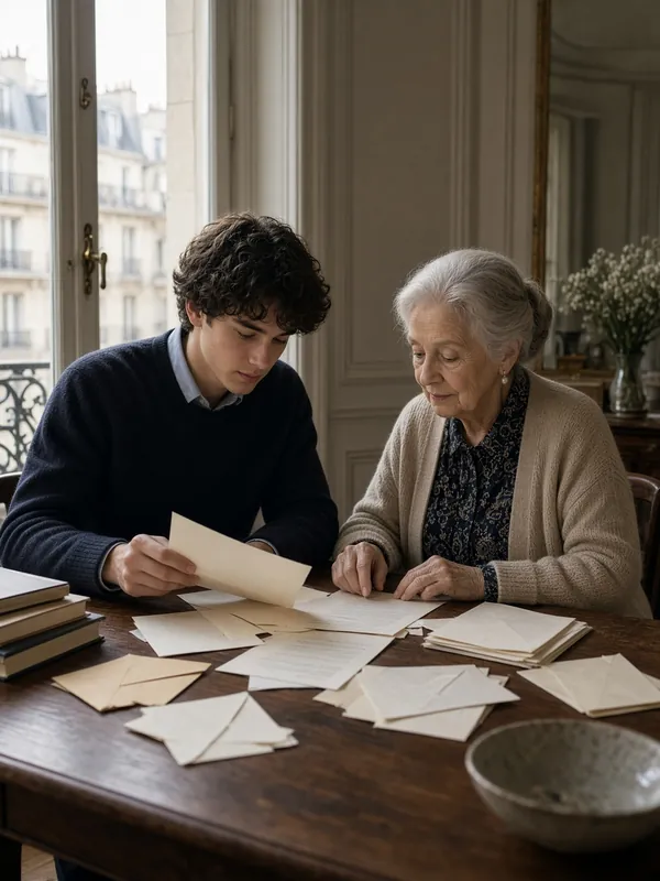 Un junior aide une dame âgée à trier des papiers sur une table