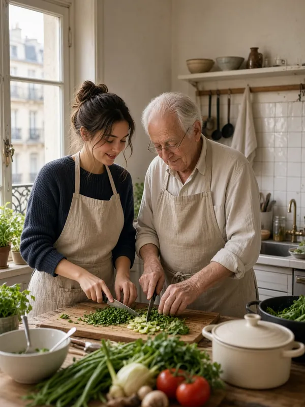 Une junior et un monsieur âgé préparent un repas ensemble dans une cuisine parisienne