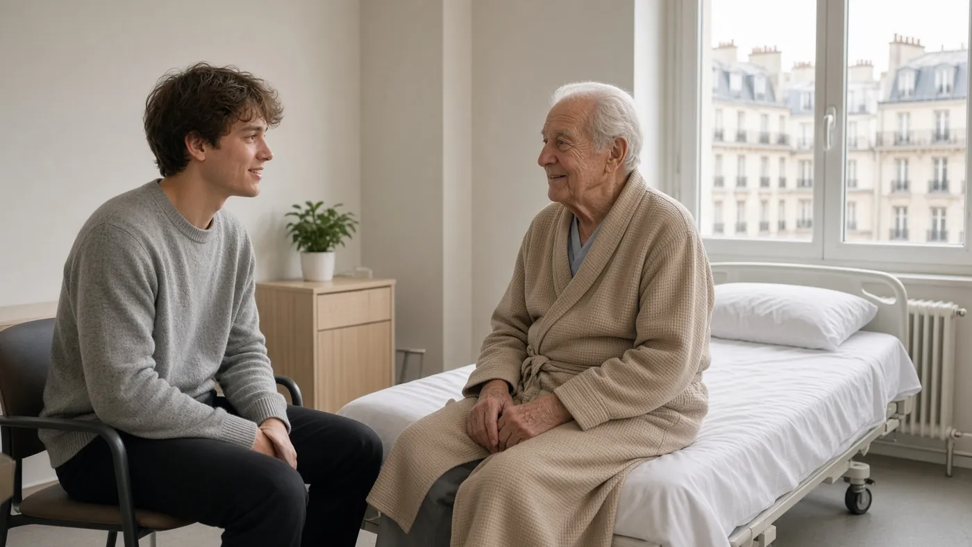 Un junior discute avec un monsieur âgé assis sur son lit dans une chambre d'hôpital à Paris
